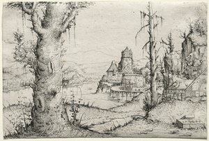 Elvelandskap med stort tre til venstre, 1546. av Augustin Hirschvogel