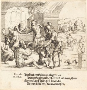 Mennene fra Ephraim bryr seg om sine fanger og returnerer dem til Jerico, 1549. av Augustin Hirschvogel