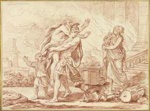 Aeneas flykter med anchises fra ruinene av Troja