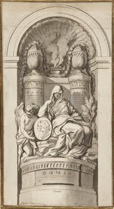 Study for a Funerary Monument, 1750 (svart kritt, penn og brunt blekk, brune og grå vask, hvit forhøyning på to sammenføyde ark) av Augustin Pajou