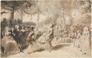 Kostymerte dansere som opptrer i en hagetaverna, 1756. av Augustin de Saint Aubin
