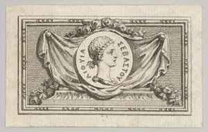 Medalje med Portrait of Livy i den 5. boken, fra Tibère ou les six premiers ..., utgitt i 1768. av Augustin de Saint Aubin