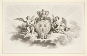 Royal Crest med Fleurs de Lis flankert av engler, reproduksjon fra 1800-tallet av Augustin de Saint Aubin