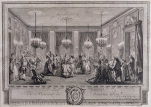 The Evening Dress Ball at House of Monsieur de Villemorien Fila, gravert av L. Provost (se også 55452)