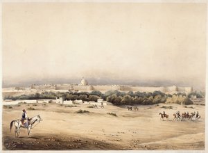 Sir Charles Napier i forgrunnen etterfulgt av hans eskorte av Scinde-hesten, Hyderabad, ca. 1850 (farge litho) av Augustine Fitzgerald