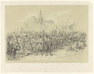 Retorikere deler ut brosjyrer fra De Rederijkers 1500 (tittel på objekt) av Augustinus Jacobus Bernardus Wouters