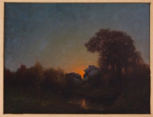 Landskap ved solnedgang (olje på lerret)