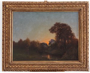 Landskap ved solnedgang (olje på lerret)