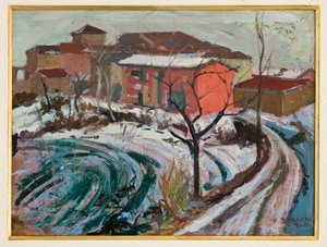 Snø i Carpi (olje på papp)
