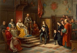 Frederick III, blir presset til å marsjere mot tyrkere av Trieste-poeten Raffaele Zovenzoni, av Augusto Tominz (1818-1883) av Augusto Tominz