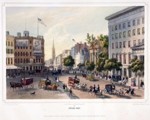 Broad-Way, pub. 1850 (farge litho) av Augustus (after) Kollner