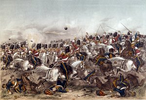 Slaget ved Balaclava. Strålende ladning av Scots Greys, 25. oktober 1854, gravert av Augustus Butler, utgitt av Stannard og Dixon, London, 6. januar 1855