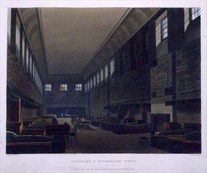 Dormitory of Westminster School, fra 'History of Westminster School', en del av 'History of the Colleges', gravert av J. Bluck (fl.1791-1831) pub. av R. Ackermann