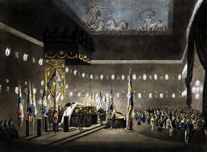 Rester av Lord Viscount Nelson som ligger i staten i Painted Chamber på Greenwich Hospital, gravert av J. Merigot, pub. 1806 (fargegravering) av Augustus Charles (after) Pugin