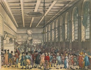 Interiør i Custom House, London, 1808. Kunstnere: Augustus Charles Pugin, Thomas Rowlandson.