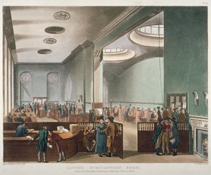 Innvendig visning av Lloyds Subscription Room i Royal Exchange, City of London, 1809