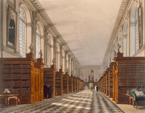 Interiør av Trinity College Library, Cambridge, fra The History of Cambridge, gravert av Daniel Havell (1785-1826), pub. av R. Ackermann, 1815 (fargeakvatint)
