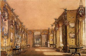 Interiør i den gule salongen i Brighton Pavilion, ca. 1820 (akvarell og gouache på papir) av Augustus Charles Pugin
