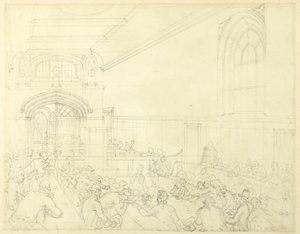 Studie for Guild Hall, Examination of a Bankrupt Before His Creditors, fra Microcosm of London av Augustus Charles Pugin