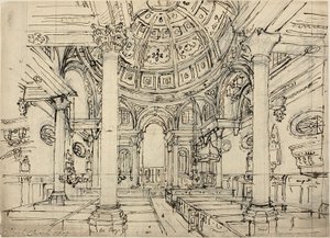 Studie for Walbrook Church (recto); Skisser av seilbåter, menn og joller (verso) av Augustus Charles Pugin