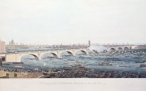 Åpningen av Waterloo Bridge den 18. juni 1817, etset av A. Pugin fra en tegning av W. Findlater, gravert av R. Havell und Son, 1818 (fargegravering) av Augustus Charles Pugin