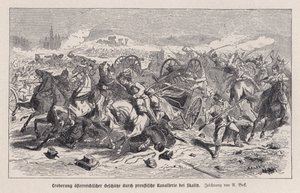Østerrikske kanoner tatt til fange av prøyssisk kavaleri i slaget ved Skalitz, Böhmen, østerriksk-prøyssisk krig av Augustus J. Beck