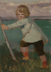 Gutt på en klippe lener seg på en pinne