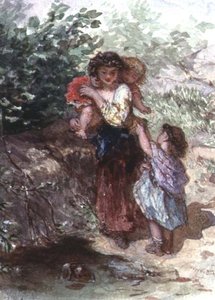 Jente som står med et barn på skuldrene, et annet barn ved siden (akvarell på papir)