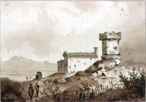 Italiensk landskap med gammel romersk sarkofag (tegning)