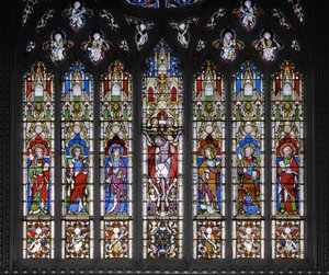 Korsfestelse med hellige, 1851 (farget glass) av Augustus Welby Northmore Pugin