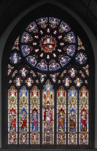 Korsfestelse med hellige, 1851 (farget glass) av Augustus Welby Northmore Pugin