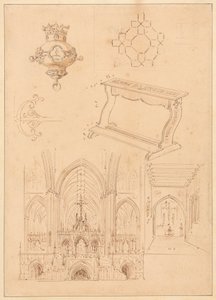 Design for gotisk utsmykning, en kneler og to skisser av interiøret i gotiske kirker av Augustus Welby Northmore Pugin