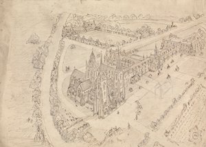 Skisse av en gotisk kirke og kloster av Augustus Welby Northmore Pugin