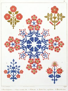 Tapetdesign av fiolett, iris og tulipaner, trykt av M. und N. Hanhart