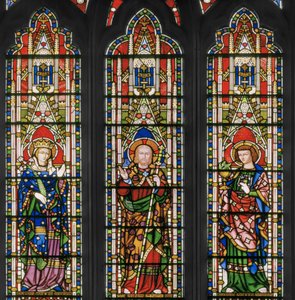 Jomfru og Kristus med hellige, østvindu, detalj, 1847-48 (farget glass) av Augustus Welby Northmore Pugin