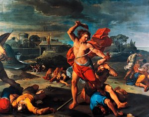 Samson dreper filister, maleri av Aureliano Milani (1675-1749), olje på lerret, 225x290 cm, Italia