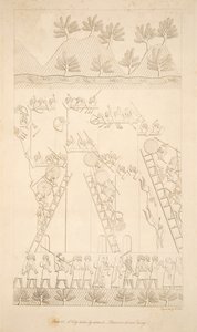 En by tatt av overfall - Fanger drevet bort, fra Monuments of Nineveh, pub. 1849 av Austen Henry Layard