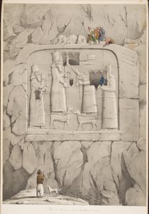 Assyrian Rock Sculpture (bayersk), fra Monuments of Nineveh, pub. 1849 (gravering) av Austen Henry Layard