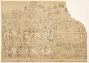 Vogn og ledsagere av Sanherib og et slott på et fjell (Kouyunjik), fra Monuments of Nineveh, pub. 1849 av Austen Henry Layard