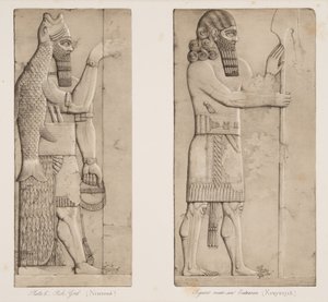 Fish God (Nimroud) og figur nær en inngang (Kouyunjik), fra Monuments of Nineveh, pub. 1849