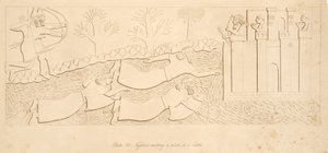Rømlinger som krysser en elv til et slott, fra Monuments of Nineveh, pub. 1849 av Austen Henry Layard