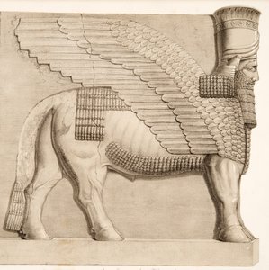 Mennesket ledet okse og bevinget figur fra en port i veggen rundt Kouyunjik, fra Monuments of Nineveh, pub. 1849