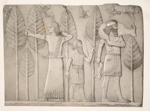 Jegere med gaselle, hare og fugler (Khorsabad), fra Monuments of Nineveh, pub. 1849 av Austen Henry Layard
