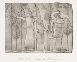 Monumenter av Nineveh: Plate 32, Huntsman with Gazelle, Hare and Birds Khorsabad, 1853. av Austen Henry Layard