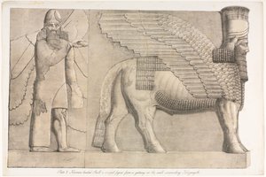 Monumenter av Nineva: Plate 3, menneskehodet okse og bevinget figur fra en port i veggen rundt Kouyunjik (Quyunjik)