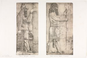 Monumenter av Ninevah: Plate 6, fiskeguden Nimroud, figur nær en inngang til Kouyunjik, 1853. av Austen Henry Layard