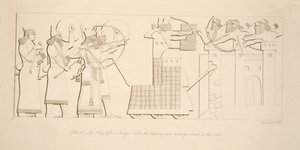 Kongen foran et beleiret slott, slagramen gjør et brudd i veggene, fra Monuments of Nineveh, pub. 1849 av Austen Henry Layard