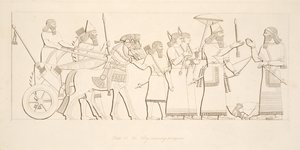 Kongen mottar fanger, fra Monuments of Nineveh, pub. 1849 av Austen Henry Layard