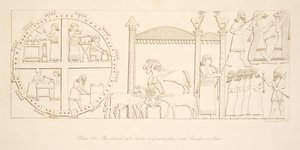 Interiøret i et slott (en grunnplan) og paviljong eller telt, fra Monuments of Nineveh, pub. 1849 av Austen Henry Layard