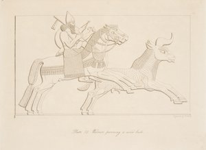 Kriger som forfølger en vill okse, fra Monuments of Nineveh, pub. 1849 av Austen Henry Layard